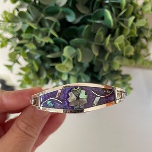 Vintage Taxco Mexico Purple Floral bangle bracelet Inlaid abalon shell MOP